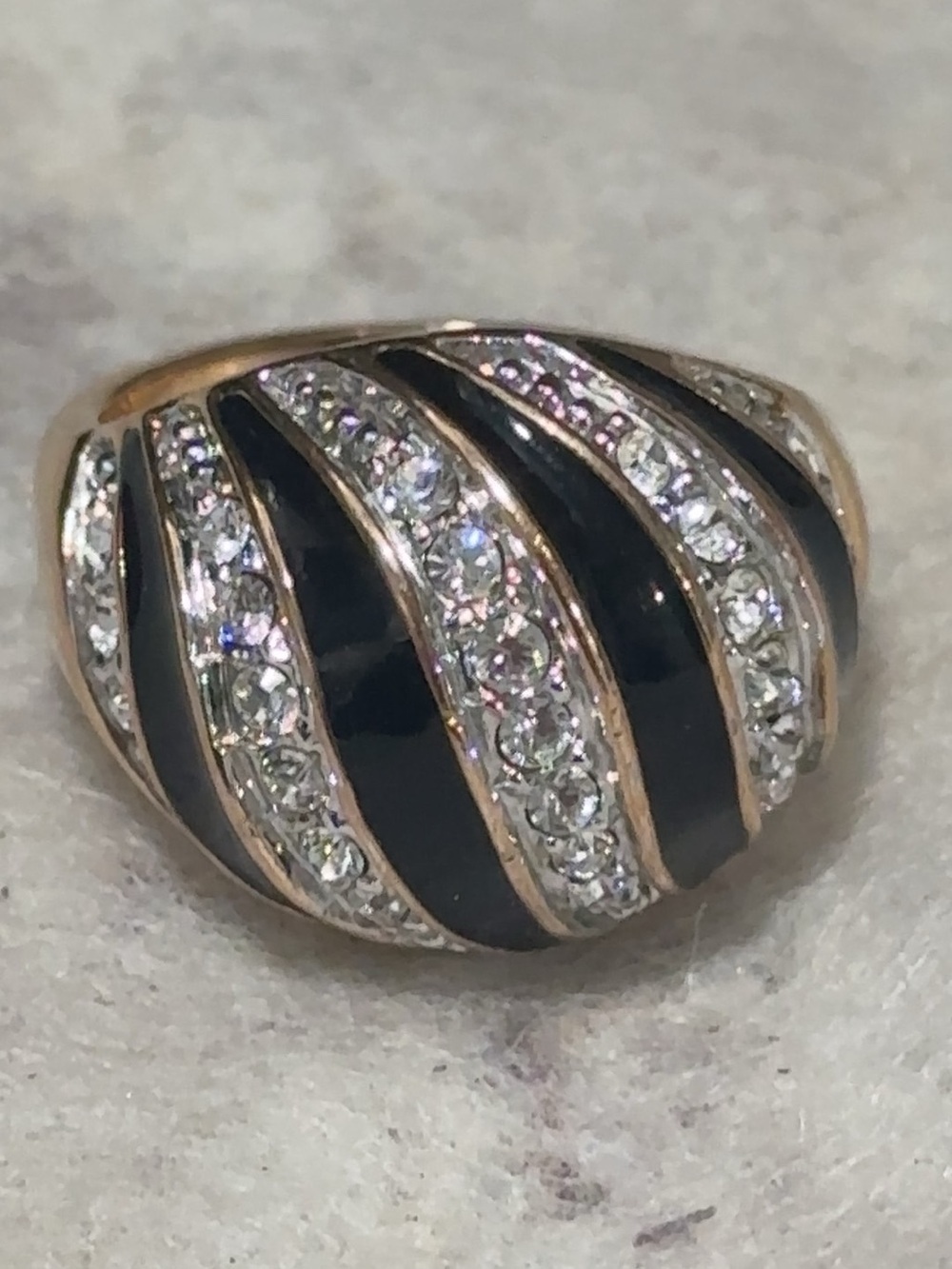 Elegant Black Enamel and Crystal Dome Ring